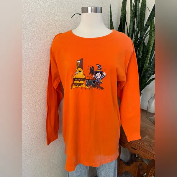 Vintage Halloween Long Sleeve Shirt Orange Graphic 90s witch ghost fall medium‎ - Image 10