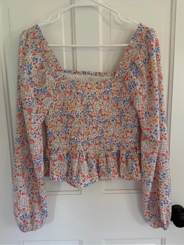 Japna Floral Smocked Peplum Puff Sleeve Blouse Medium Cottagecore - Image 3