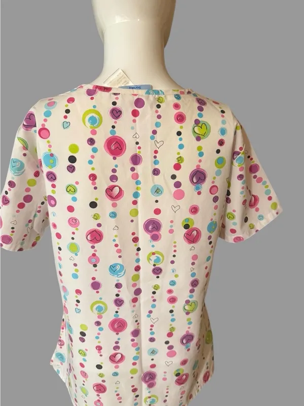 SB Scrubs White V-Neck Short Sleeve Top with Pink, Blue & Green Dot Print - Image 5