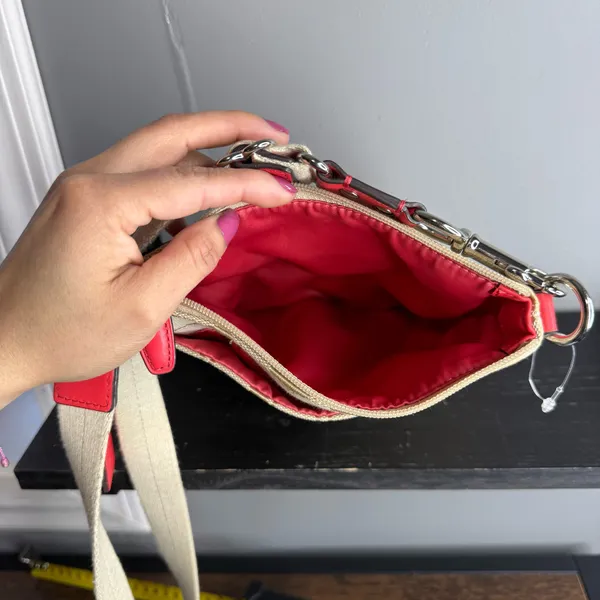 Coach Khaki Signature Canvas Crossbody with Red Leather Trim - Image 5