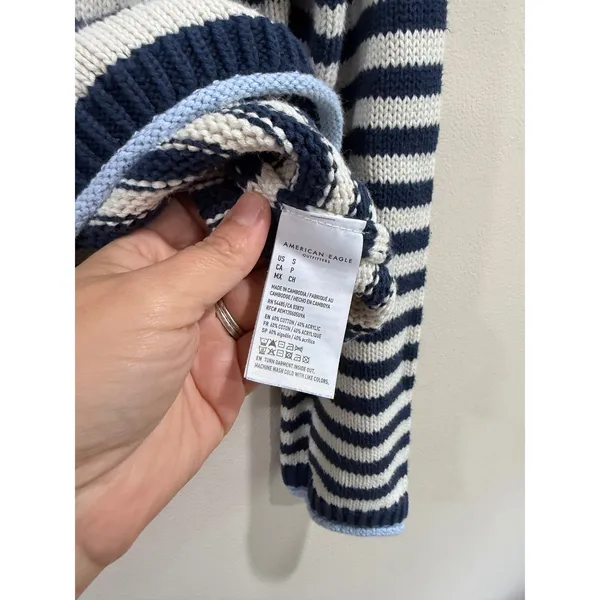 American Eagle Striped Knit Sweater Navy White Light Blue Trim Women Small - Image 5