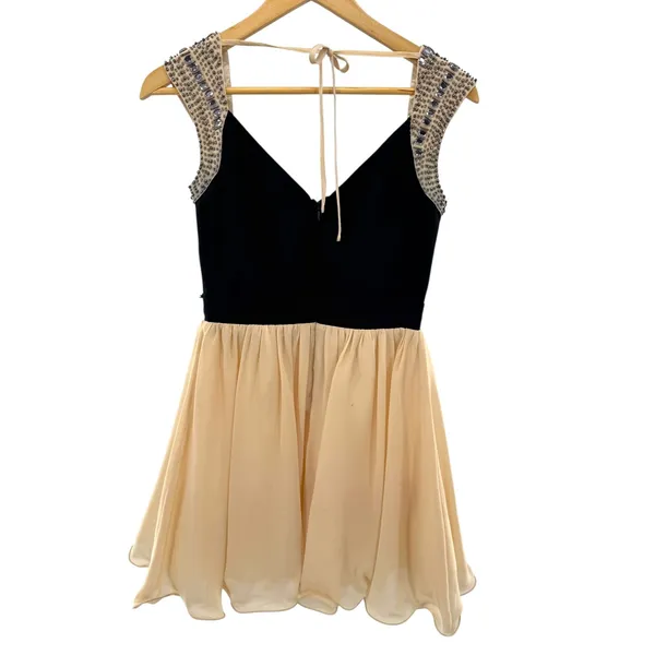 Little Mistress Black‎ Beaded Cap Sleeve Skater Dress Peach Chiffon Skirt - Image 8