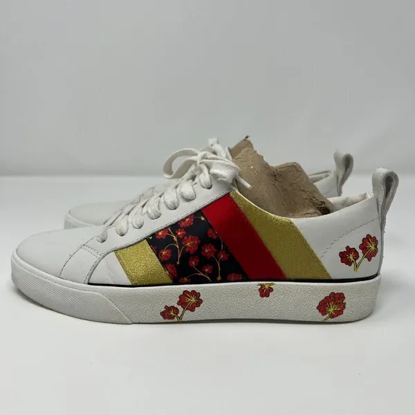 Diane Von Furstenberg Tess 9 Lace Up‎ Sneakers Gold & Red Stripe & Floral Design - Image 5