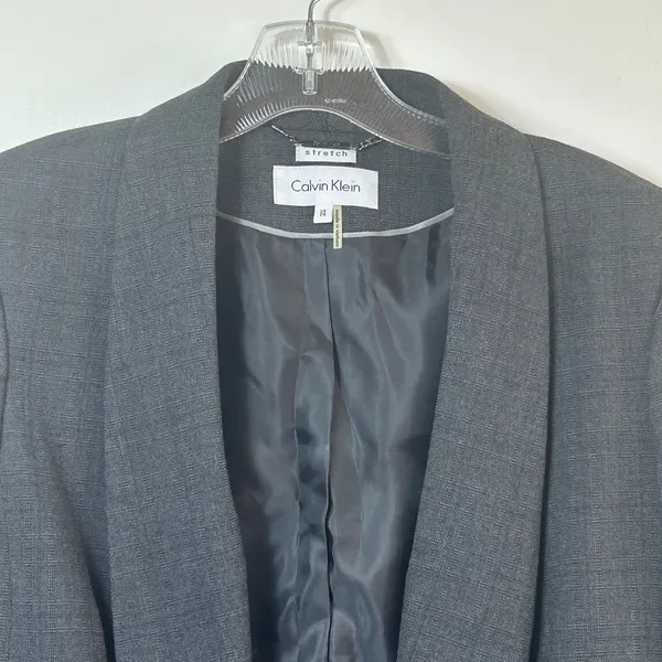 Calvin Klein Charcoal Grey Stretch Shawl Collar Open Front Blazer Size 14 Flaw - Image 3