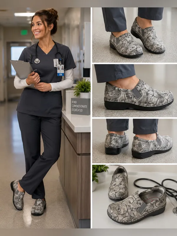 KLOGS Gray Floral Slip-On Nursing Shift Shoes | Comfort Work Clogs | Sz 7 - Image 2