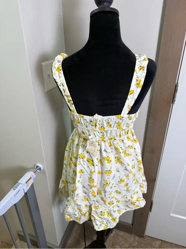 NWT Sim & Sam‎ Yellow White Linen Blend Floral Mini Dress Keyhole Sun Dress S - Image 8