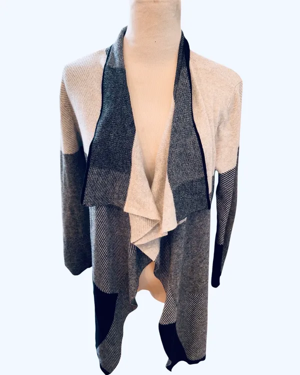 Retro Chaus Plaid Colorblock Cardigan Sweater Open Front Waterfall M Gray Black - Image 2