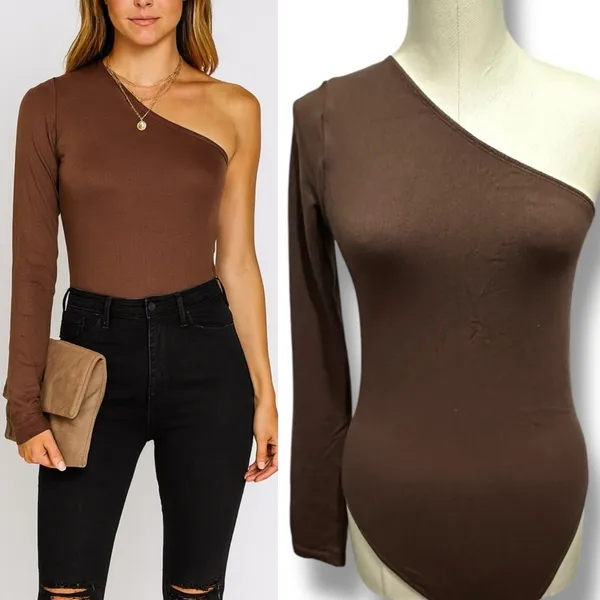 229 Forever 21 | EUC Chocolate Brown One-Shoulder Bodysuit (Size S/M) - Image 2