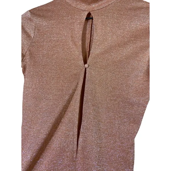 House of CB Bodysuit Sz S Concha Pink Metallic Keyhole Mock Neck‎ Long Sleeve - Image 4