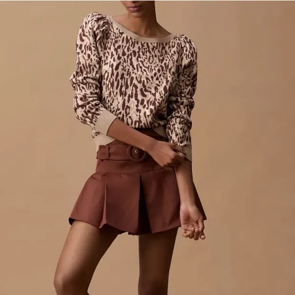 Anthropologie Maeve Knit Leopard Print Sweater XL Puff Sleeve Soft Chic‎ Neutral - Image 2
