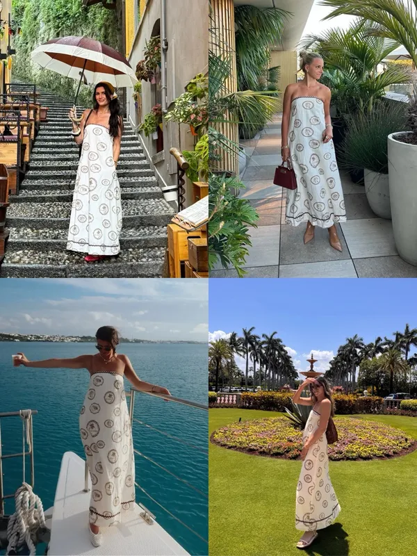 Kivari • Anthropologie Ciao Strapless Maxi Dress white linen print rickrack - Image 16
