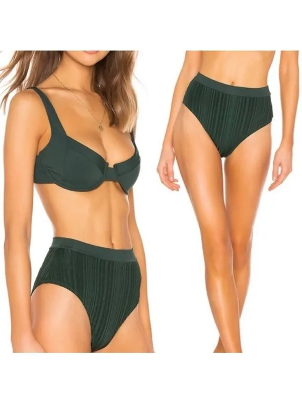 NEW Tavik Pernille High Waisted Bikini Bottom L Pine Green Metallic Stripe Swim - Image 2