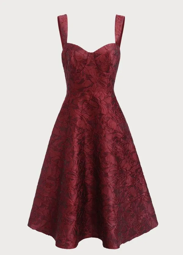 Rihoas Red Sweetheart Neck Jacquard Midi Dress - Image 6