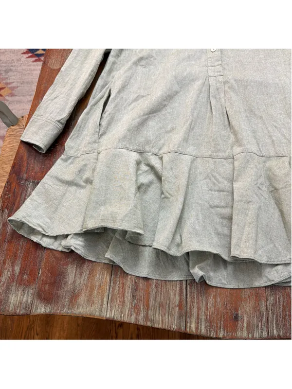 Tuckernuck Sage Green Linen Look 100% Cotton Drop Waist Ruffle Hem Shirt Dress S - Image 4