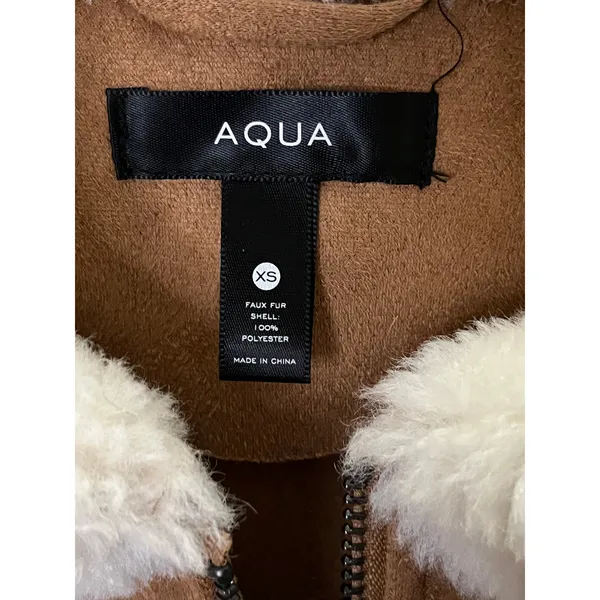 AQUA Womens Faux Fur Suede Mixed Media Bomber Jacket Cream Cognac XS Full‎ Zip - Image 3