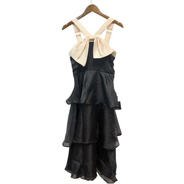 Lulus Two-Tone Halter Bow Tiered Midi Dress Black/Cream size Medium - Image 2
