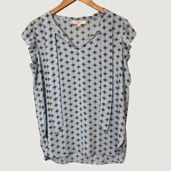 LOFT Womens Blue Geometric Medallion Ruffle Cap Sleeve Tie V-Neck Blouse Size M - Image 2