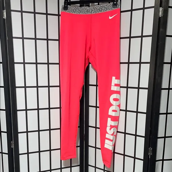 Nike Pro Dri-Fit Neon Pink/White “JUST DO IT” leggings - Image 2