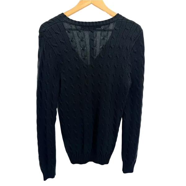 Ralph Lauren Black Cable Knit V-Neck Cotton Sweater L Preppy Coastal Old Money L - Image 4