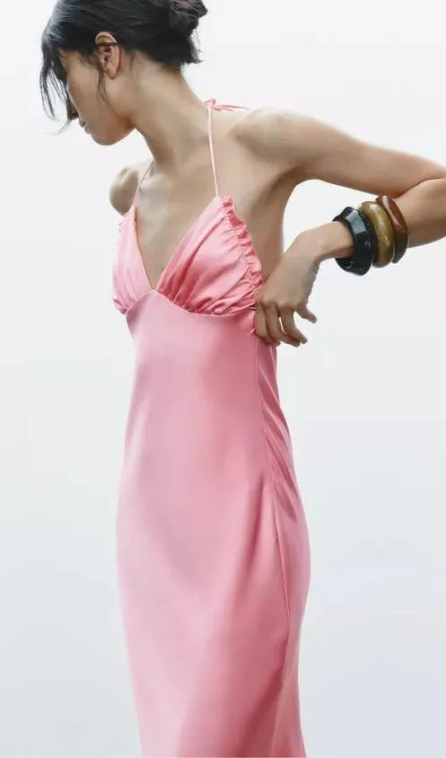 Zara Maxi dress Pink Satin ruffle bodycon party wedding summer evening - Image 11