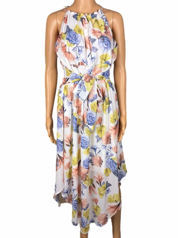 NSR Floral High-Low Midi Dress With Slit Back, Attached Tie, Made in USA Small - Image 2