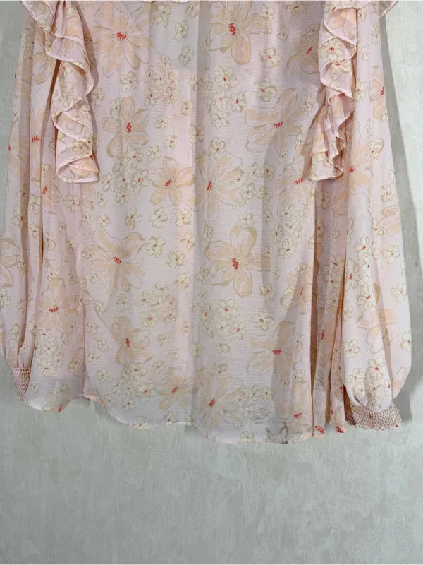 Free People Women’s Cherry Bright Blouse Top Ruffle Neck Sheer in Floral Peach M - Image 7