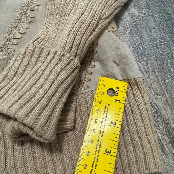 Rem‎ Garson Women's Tan Suede Leather Knit Zip Up Jacket Cardigan Festival Retro - Image 9