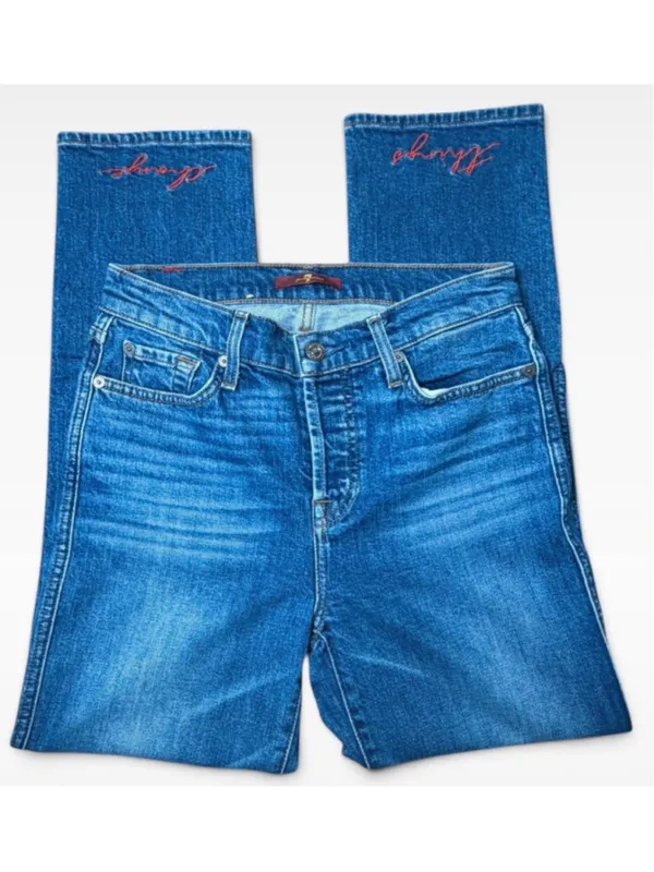 Women's 7 For All Mankind Straight Leg Jeans Size 28 Blue Red Embroidered - Image 2