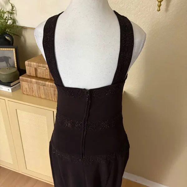 Vintage Cache Brown Dress Bronze Beading Mesh Cutouts Size 8 Formal‎ - Image 5