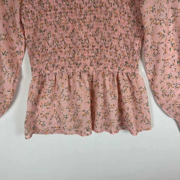 Petal + Pup Pink Floral Smocked Peplum Top Long Sleeve Shirred Blouse Small - Image 6