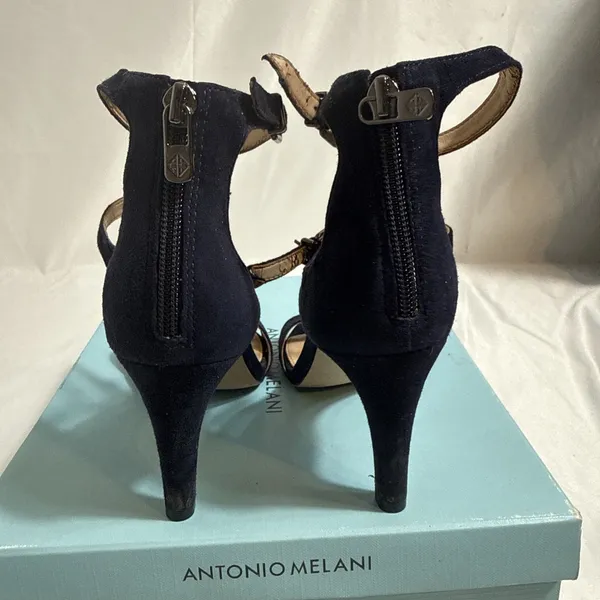 Antonio Melani Navy Suede Shoes Womens 8 M Open Toe Strappy Heels Zipper - Image 11