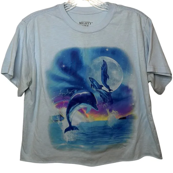 Mighty Fine Dolphin Graphic Tee‎ Blue Ocean Moon Y2K Coastal Top Sz XS Vacation - Image 2