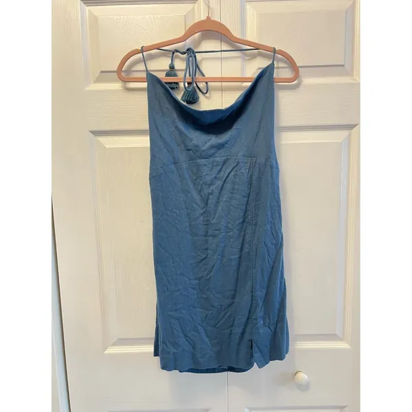 Free People Blue Chambray Denim Mini Dress Sleeveless with Tassel‎ Size L - Image 2