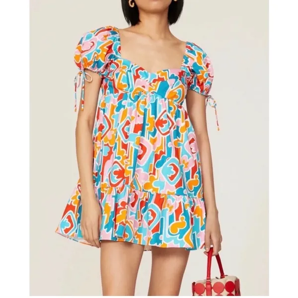 NWT Amanda Uprichard‎ Sicily Babydoll Mini Dress Miami Print Size Medium - Image 2