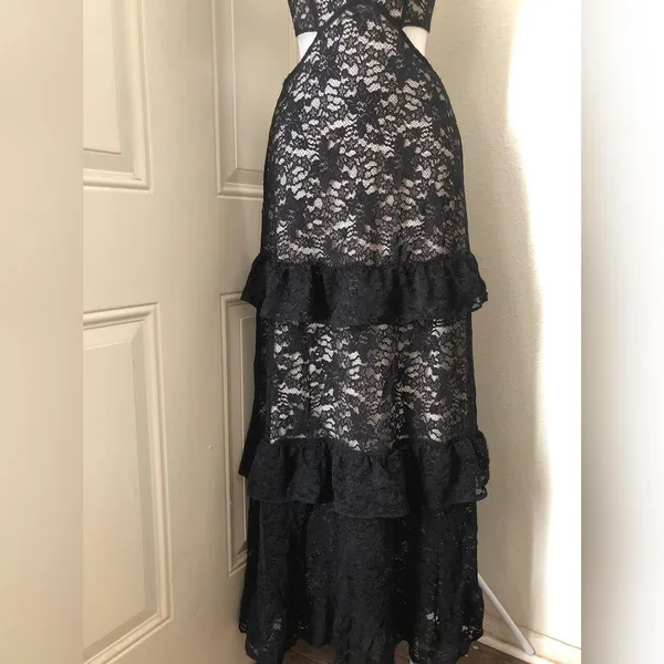 Black Whimsygoth gothic grunge lace cut out slim fit fitted maxi halter formal prom dress gown deep V neckline, open back, and tiered ruffle hem-S #goth #whimsygoth #fairycore #fairygrunge - Image 3