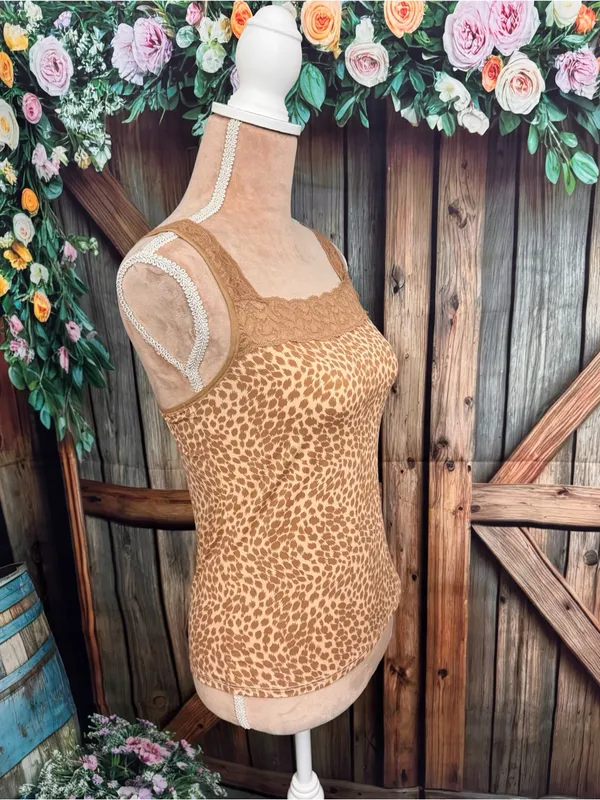 Vanity Fair Y2K Leopard Print Lace Trim Stretch Cami Tank Top Size Small 36 Tan - Image 5