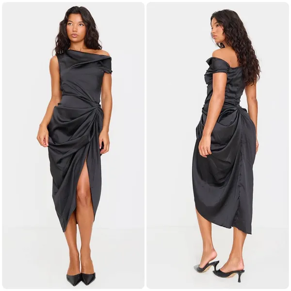 PrettyLittleThing Black Satin Off The Shoulder Draped Skirt Midi Dress Slit Sz 8 - Image 2