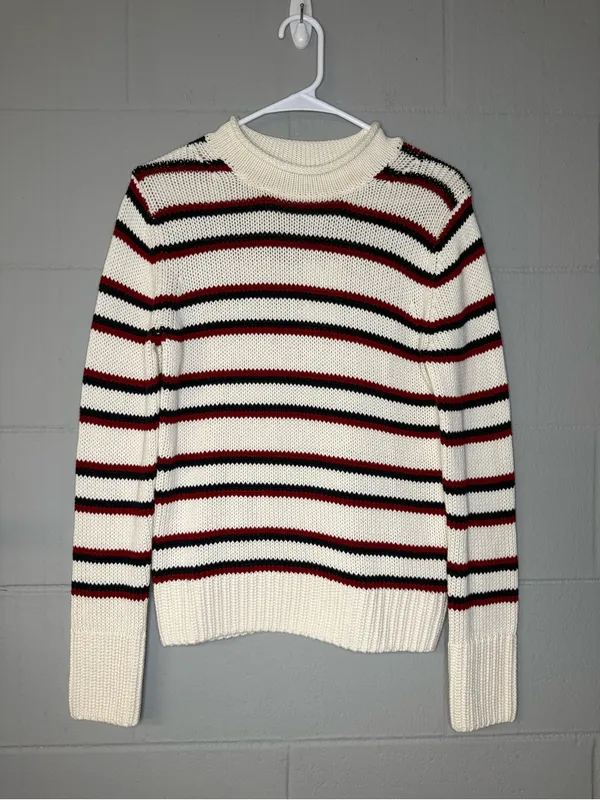 NWT Quince 100% Organic Cotton Roll Neck Sweater Off White/Navy/Red Stripe Sz XS - Image 4