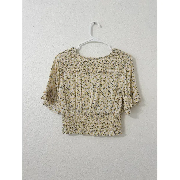 Abercrombie & Fitch Floral Smocked Puff Sleeve Crop Top Yellow Small - Image 2