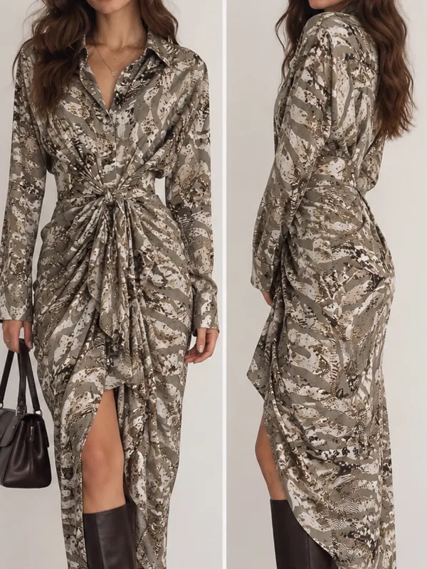 MABLE Animal Print Draped Maxi Shirt Dress Y2K Neutral Safari Size S - Image 2
