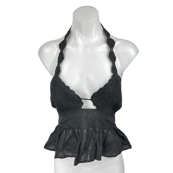 Zara Black Halter Sleeveless Crochet Open Knit Peplum Blouse Cami Top Size M - Image 6
