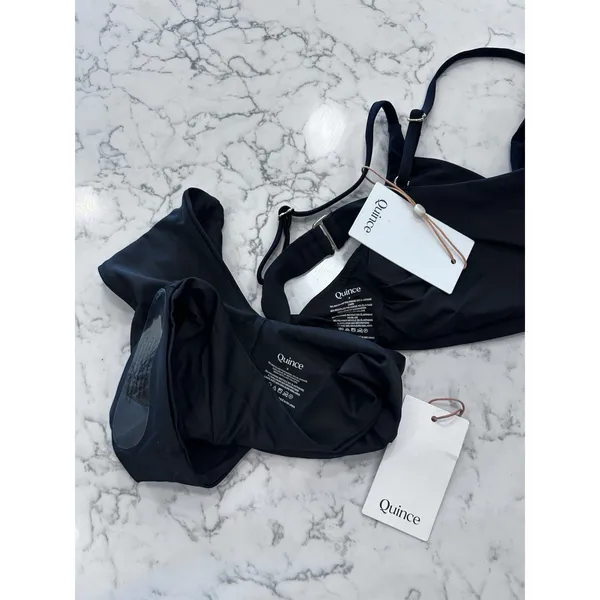 NWT Quince Black Italian V Neck Bikini Top & V Cut High Leg Bottom Set Small - Image 3