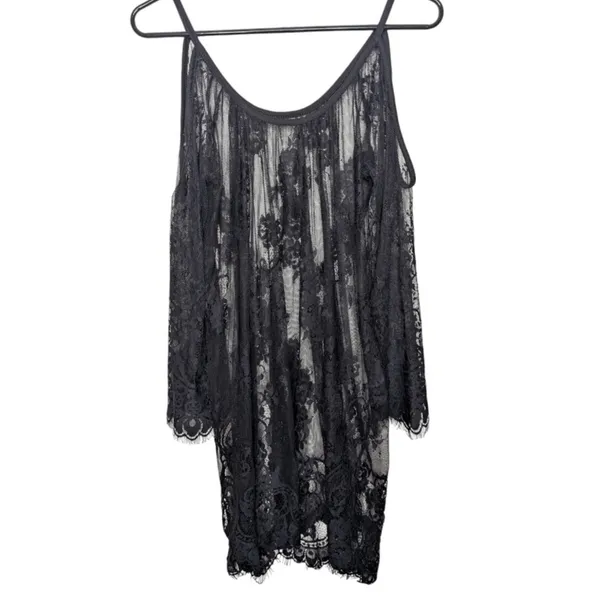 Black Floral Sheer Lace Mini Dress Coverup S Resort Witchy Whimsigoth Romantic‎ - Image 2