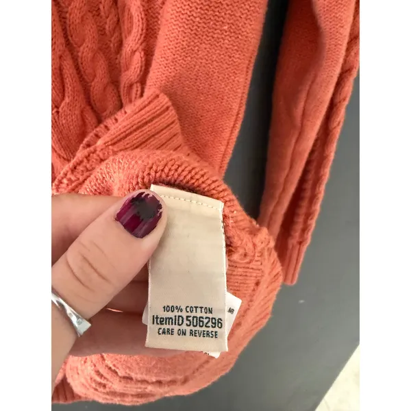 LL Bean Womens Medium Coral Orange Cable Knit 100% Cotton Sweater Fisherman - Image 8