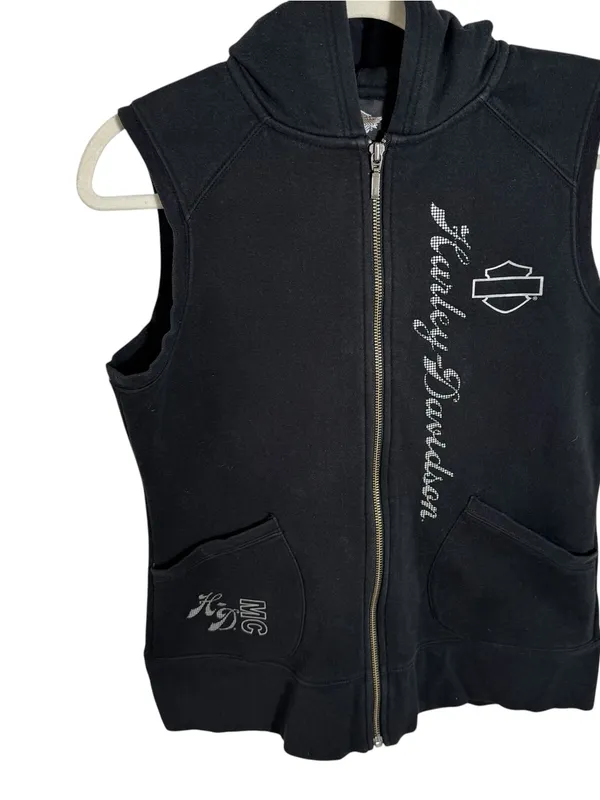 Harley Davidson Hooded Sweatshirt Vest Zip Up Rhinestone Y2K Black Medium - Image 8