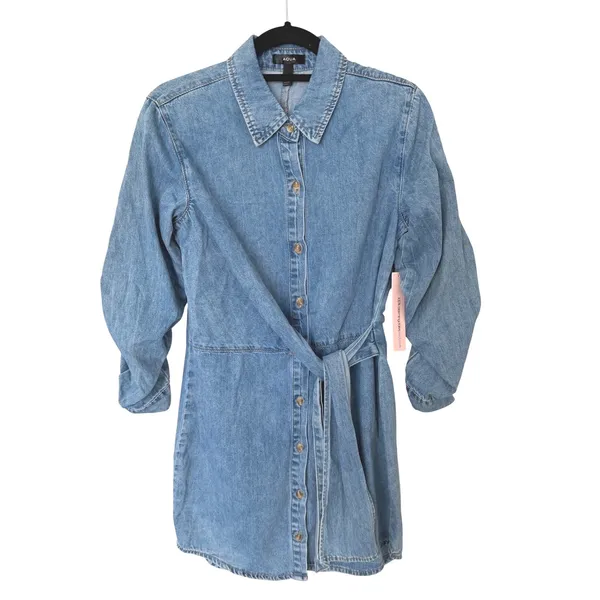 AQUA Denim Mini Shirt Dress Light Wash Wrap Tie Waist Long Sleeve Blue Small NEW - Image 3