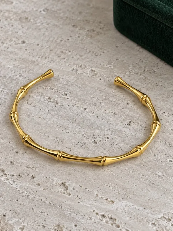 Gold Bamboo Open Cuff Bracelet Minimalist Stackable Bangle NWT - Image 2