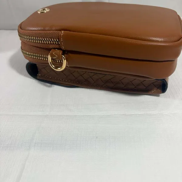 Brown Faux Leather Crossbody Mini Bag Double Zip Small Purse Gold Hardware - Image 5