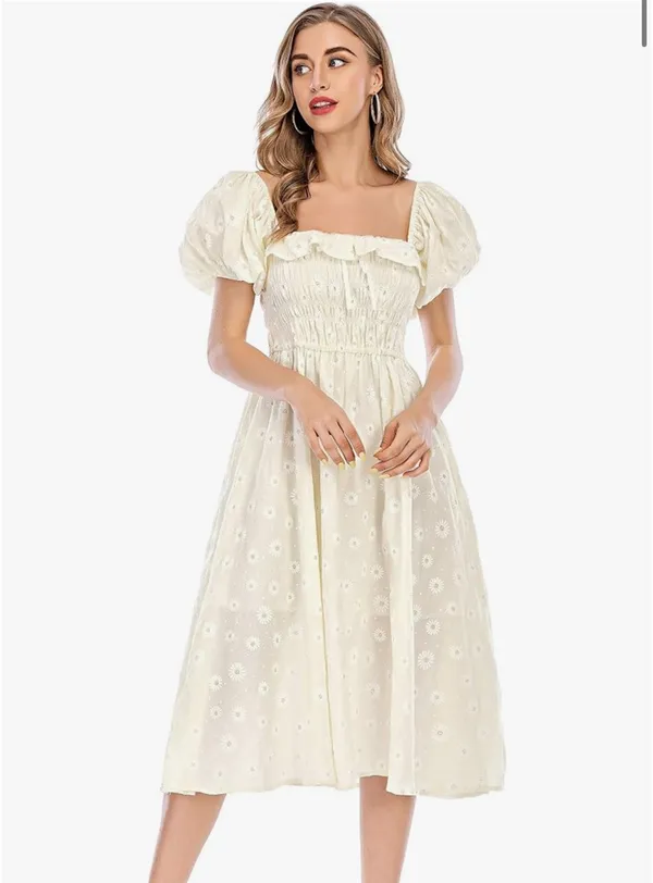 Boutique Womens Summer Floral Print Puff Sleeves Vintage Ruffles Midi Dress, Lightyellow, Small - Image 5