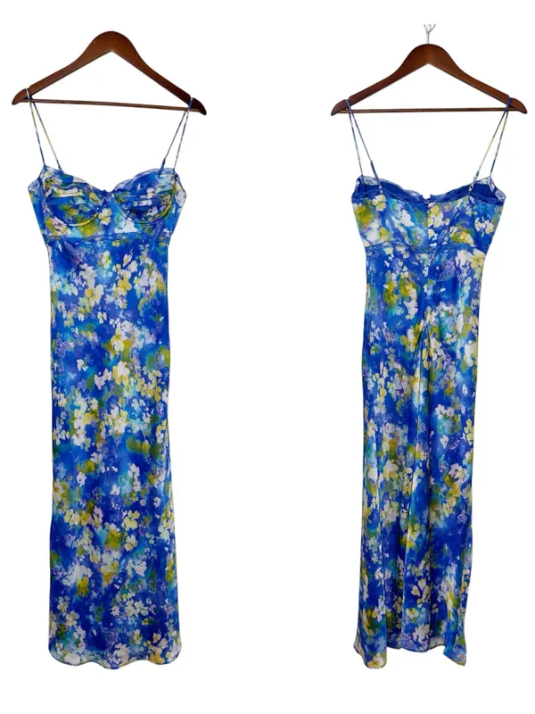 ASTR the Label Florianne Blue Floral Maxi Slip Dress Small Bustier Wedding Guest - Image 3